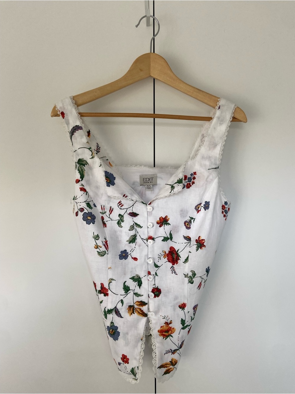 EDIT Jason Wu 100% Linen Lace Trim Top Medium White Floral Side Zip Tie Waist